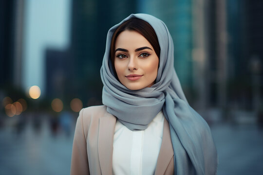 Muslim woman in hijab clothes in office building modern woman modern world generative AI