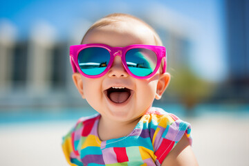 Generative AI photo portrait of adorable cheerful small baby walking having fun enjoying summer time outside