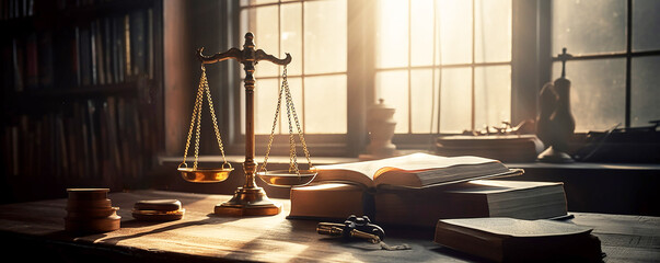 nternational human rights day concept: Wooden judge gavel with scales on the library,
Gold brass balance scale, weight balance, imbalance scale  wooden desks,
 Law and Justice concept
