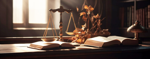 nternational human rights day concept: Wooden judge gavel with scales on the library,
Gold brass balance scale, weight balance, imbalance scale  wooden desks,
 Law and Justice concept - obrazy, fototapety, plakaty