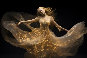 Foto op Canvas Beauty, fashion, make-up and fantasy concept. Ghostly looking beautiful and sexy woman with floating in air big golden dress. Levitating model like underwater. Generative AI © Rytis
