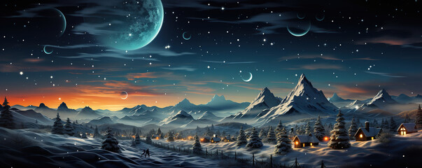 Photo of a serene snowy mountain landscape illuminated by the light of a full moon on Christmas - obrazy, fototapety, plakaty