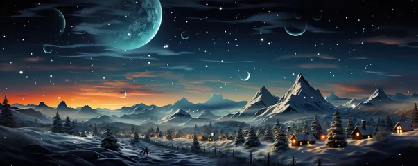 Fotobehang Photo of a serene snowy mountain landscape illuminated by the light of a full moon on Christmas © Degimages