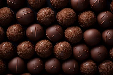 Gordijnen Close up generative AI picture of various tasty chocolate pralines candies © Tetiana