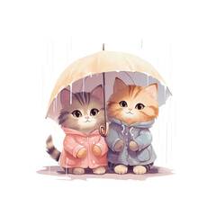 cute cats together under a rain umbrella