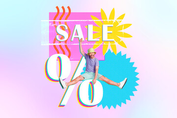 Composite portrait collage of young man riding huge percent discount offer sale summer blue yellow...