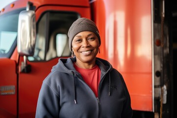 Portrait of a young female truck driver posing in front of her truck in the parking lot