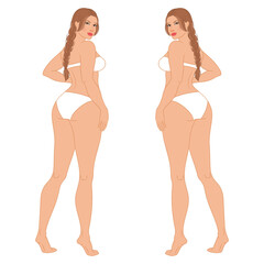 Plus size female fashion figure posing, back view, vector template. Beautiful curvy woman body vector illustration. Female colored croquis with face and braid hair. 