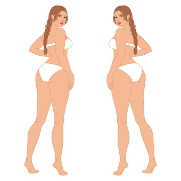 Plus size female fashion figure posing, back view, vector template. Beautiful curvy woman body vector illustration. Female colored croquis with face and braid hair. 