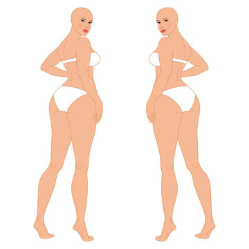 Plus size female fashion figure posing, back view, vector template. Beautiful curvy woman body vector illustration. Female colored croquis. 