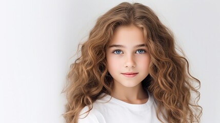 photo portrait of a beautiful young caucasian white American model teen girl looking forward. child ad with copy space, children, beauty, pretty