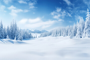 Fototapeta na wymiar Snowy landscape with snow-covered trees and mountains, blue sky and the sun is shining