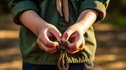 Boy scout start learning boy scout knot. - obrazy, fototapety, plakaty