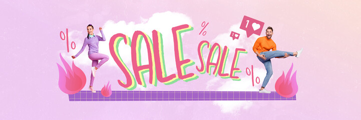 Creative collage of two happy crazy mini people dancing big sale percent special offer like notification clouds isolated on pink background