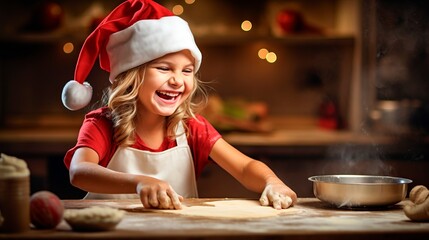 Merry Christmas and happy holidays. Cute little girl in Santa hat making cookies in the kitchen at home
