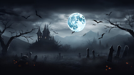 A Halloween banner with a graveyard, castle, and spooky night atmosphere. Include a full moon, bats, and a dead tree for a creepy vibe. The banner is great for holiday events and Halloween background