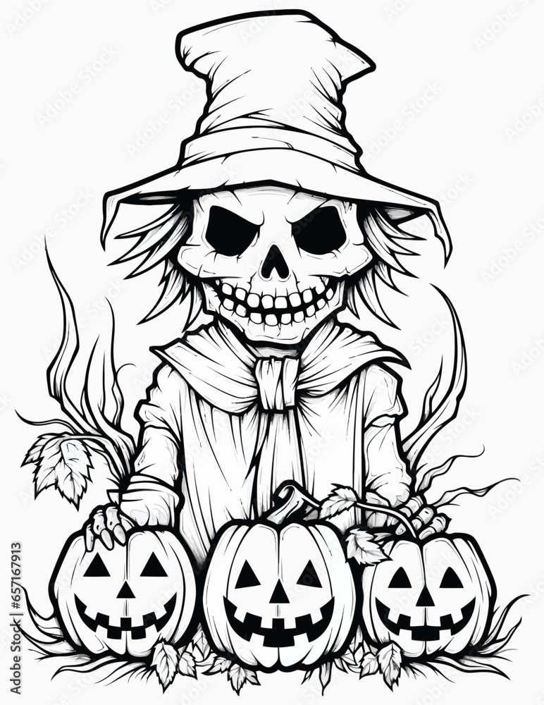 Wall mural Halloween scary coloring page for kids and adult with halloween witch pumpkin, Cute horror vector illustrations.