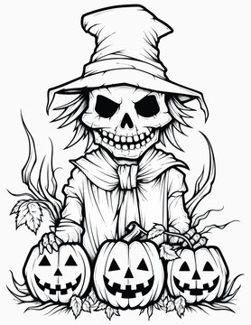 Halloween scary coloring page for kids and adult with halloween witch pumpkin, Cute horror vector illustrations.