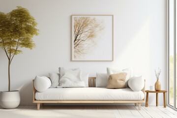Simplistic lounge featuring a white couch, sunny cushion, and Scandinavian style. Generative AI