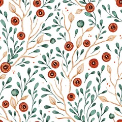 Small watercolor red rose flower brunches seamless pattern on a white background