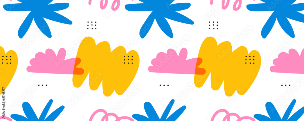 Poster trendy children pattern with organic blob shapes and natural objects. Bright colors with an overlay. Drawing with marker or riso print. Vecto illustration in pink and blue and yellow and white colors