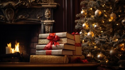 Fototapeta na wymiar Festive Reads, Christmas Books For All The Family. Best Holiday and Christmas Books for Adults kids. Many books near Christmas tree at cozy home lights at night