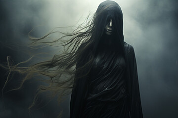 States of mind, horror, sci-fi concept. Female forest creature, wraith or ghost and nature mix concept. Dark and gloomy nature background with mist. Generative AI