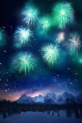 Happy new year in north polar, fireworks and aurora in the night sky, snow mountain, hyper realistic photo, dramatic light,