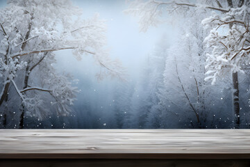 Winter background, Winter snow landscape with wooden table in front, Winter forest background with snow and fog, For product display Christmas time mock up