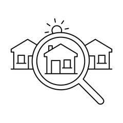 Central Property Focus, Home Exploration. The three houses with a magnifying glass on the central one represent a focused approach to exploring and discovering the right home Icon