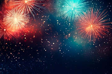 Naklejka premium Fireworks at New Year with copy space on blue background