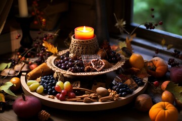 Anime-style autumnal forest altar with candle, fruits, nuts, berries, and leaves for Mabon Sabbat. Esoteric ritual. Generative AI