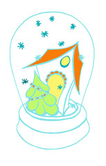 Festive winter illustration in the style of line art. A Christmas magic ball with a small country house and flying snowflakes. Isolated image of a holiday gift. Stylish cute retro New Year wallpaper