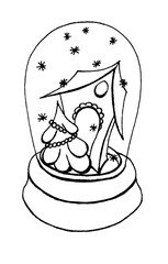 Festive winter illustration in the style of line art. A Christmas magic ball with a small country house and flying snowflakes. Isolated image of a holiday gift. Stylish cute retro New Year wallpaper