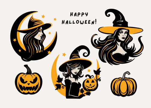 Young charming witch woman in a hat with pumpkin set. Halloween silhouette portrait collection, vector party card print illustration