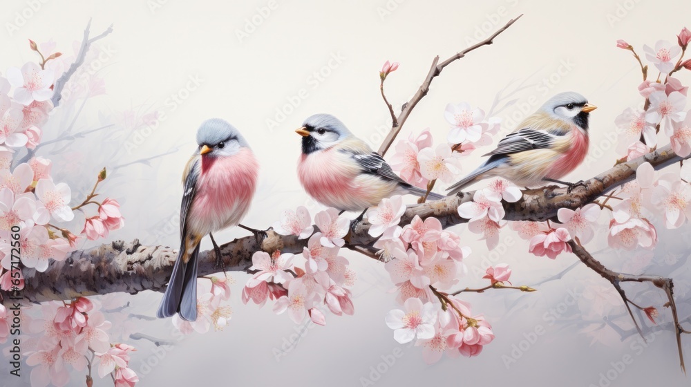 Wall mural A trio of birds perched on a branch adorned with delicate pink flowers Kodak Portra 400 , large copyspace area, offcenter composition