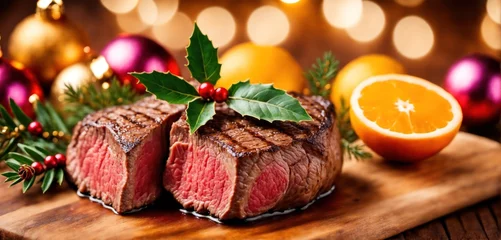  Steakhouse restaurant christmas meal. Closeup of a perfect medium roasted juicy steak, carefully arranged and decorated with christmas greens and ornaments © Kai Köpke