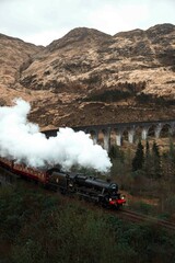 Tren de vapor pasando por un acueducto en Escocia. Paisaje de película Harry Potter. Tren Jacobita. Glenfinnan