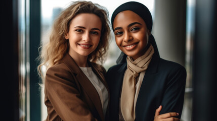 Two female coworkers smiling, wearing business clothes, mixed ethnicity and one of the woman wearing headscarf, Muslim