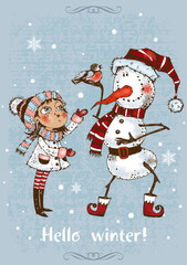 Hello winter. Christmas card with a cute girl and a snowman. Vector.