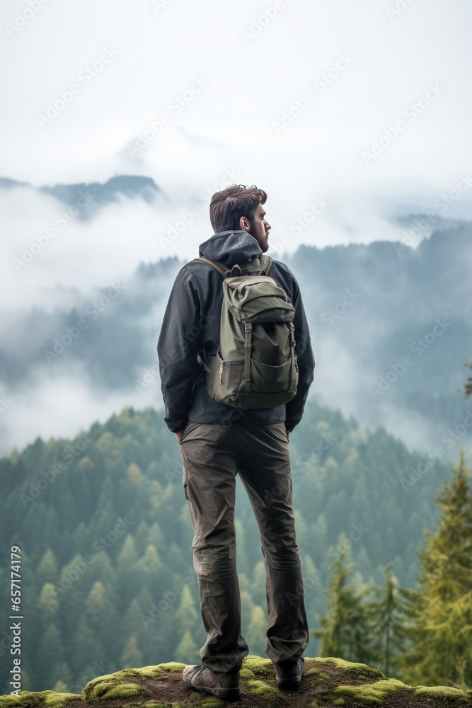 Wall mural vertical photo of a lonely man enjoys the view of the summer mountains while he standing on a mounta