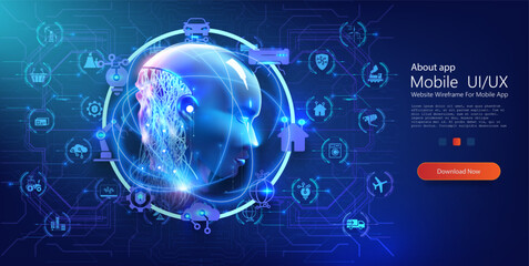 Artificial intelligence in humanoid head with neural network thinks. Internet of things (IoT) and networking concept for connected devices. Humanoid robot with artificial intelligence. Vector