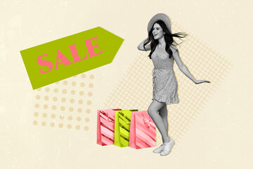 Photo of charming young woman dance summer dress windy weather flying hair lady holding bargains...