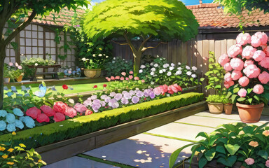 Anime Concept Background Beautiful Garden Environment With Assortment Plants And Blooming Flowers