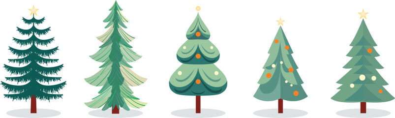 Set of Christmas trees in simple style for winter holidays. Xmas fir and pine collection.