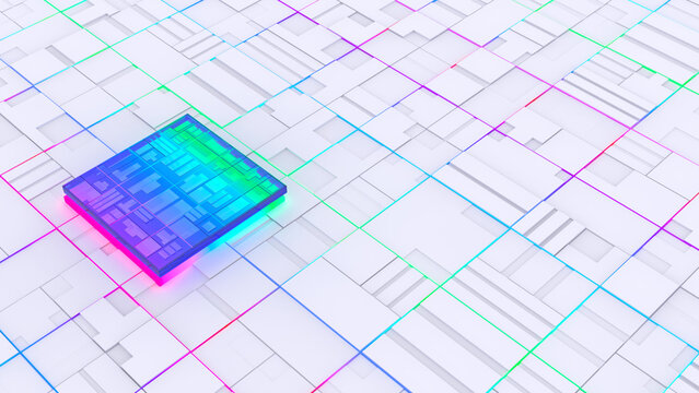 Colorful glowing chipset processor and lines Futuristic artificial intelligence CPU with white motherboard Digital technology concepts 3D Illustration
