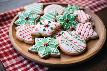 some decorated sugar cookies are sitting on top of a wooden board Generative AI