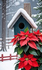 Fototapeta na wymiar Photo Of Christmas Poinsettia Plant Beside A Snow-Covered Birdhouse