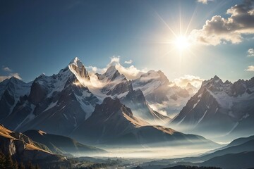 sunny mountain scenery. Heavenly sun, mountains and clouds, religious, natural landscapes.