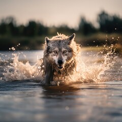 Un loup d'Amérique du Nord qui court dans une rivière